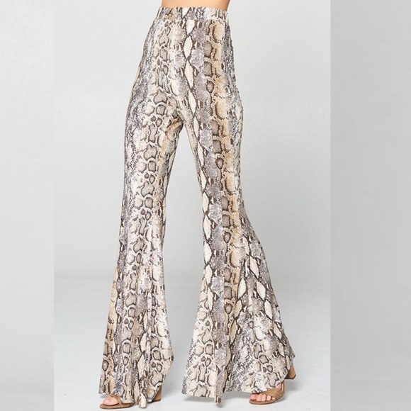 Pants - Down By The River Snakeskin Print Bell Bottoms